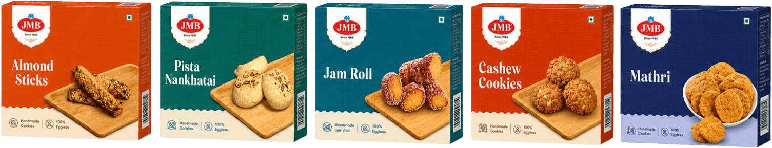 JMB product range — Almond Sticks, Pista Nankhatai, Jam Roll, Cashew Cookies and Mathri boxes